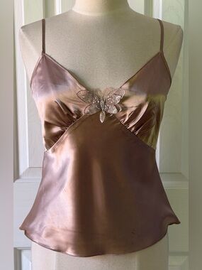 Forever 21 Champagne Taupe Satin Camisole Top Butterfly Detail Size Large
